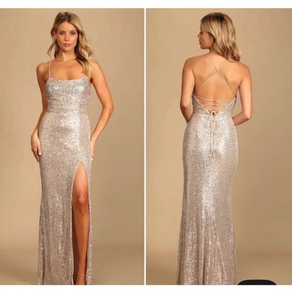 Lulu’s Evenings Of Elegance Dress Medium Champagne Sequin Lace-Up Slit NWT